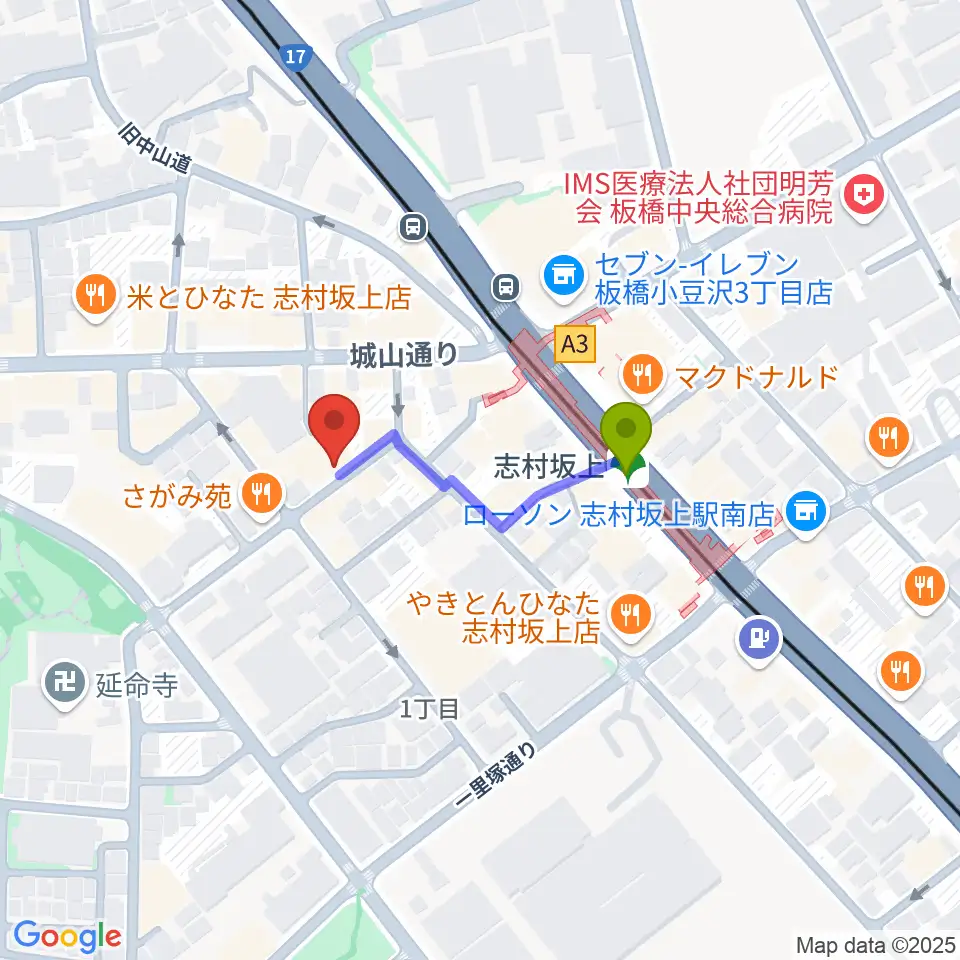 板橋ミュージックセンターの最寄駅志村坂上駅からの徒歩ルート（約2分）地図