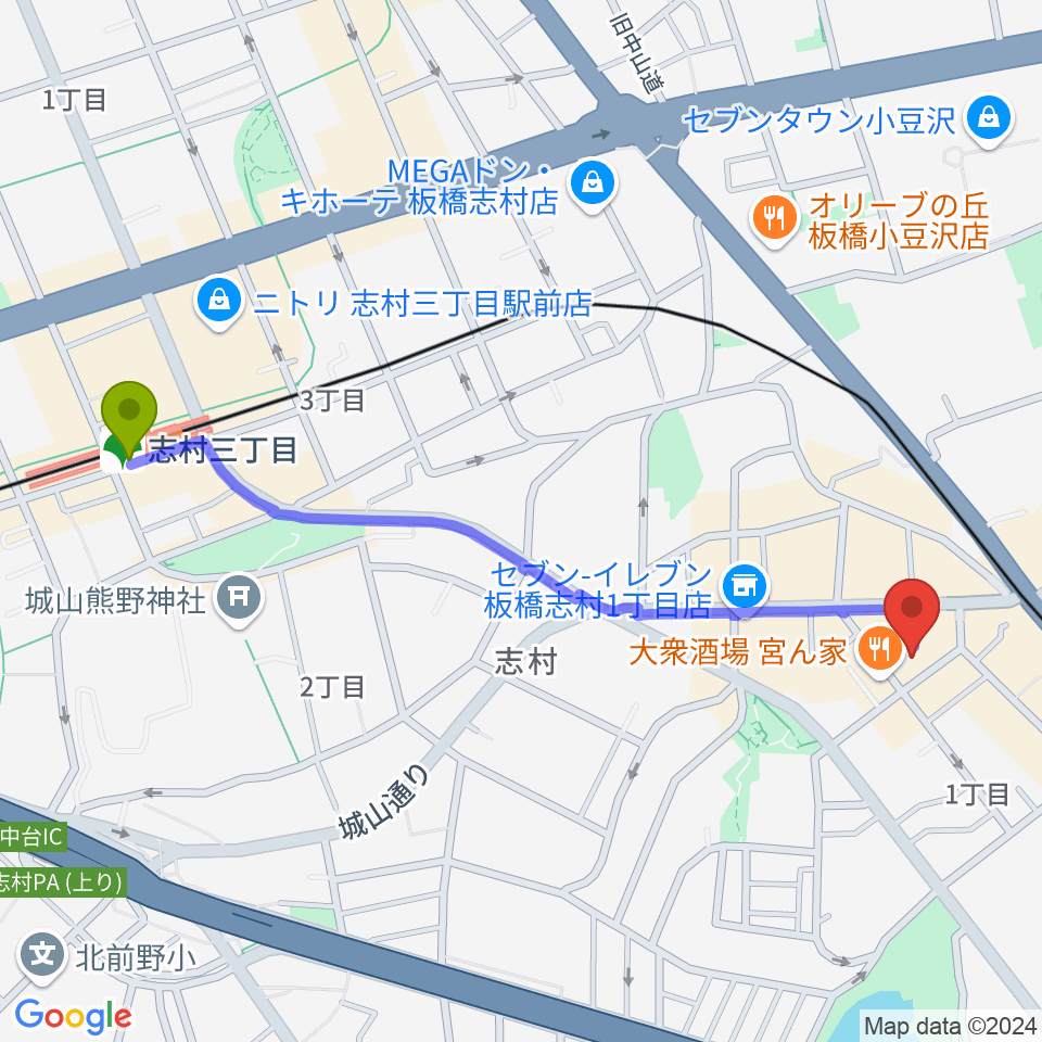 志村三丁目駅から板橋ミュージックセンターへのルートマップ地図