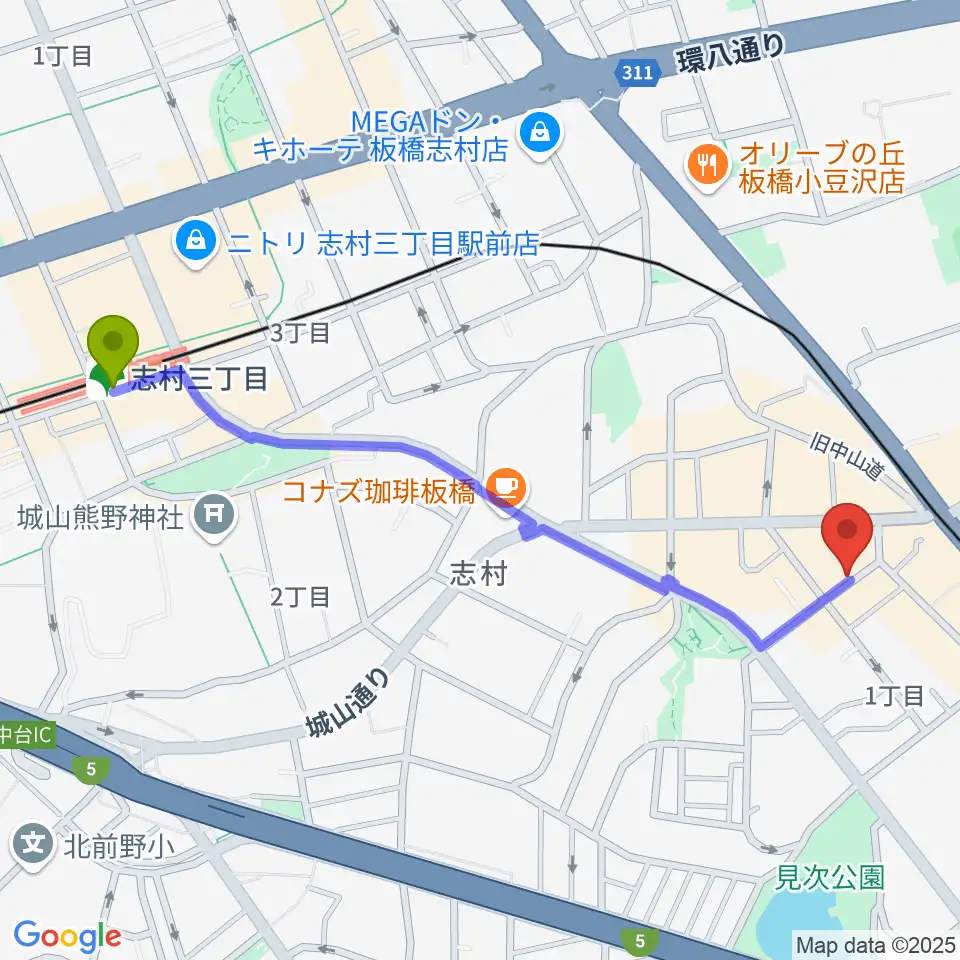 志村三丁目駅から板橋ミュージックセンターへのルートマップ地図