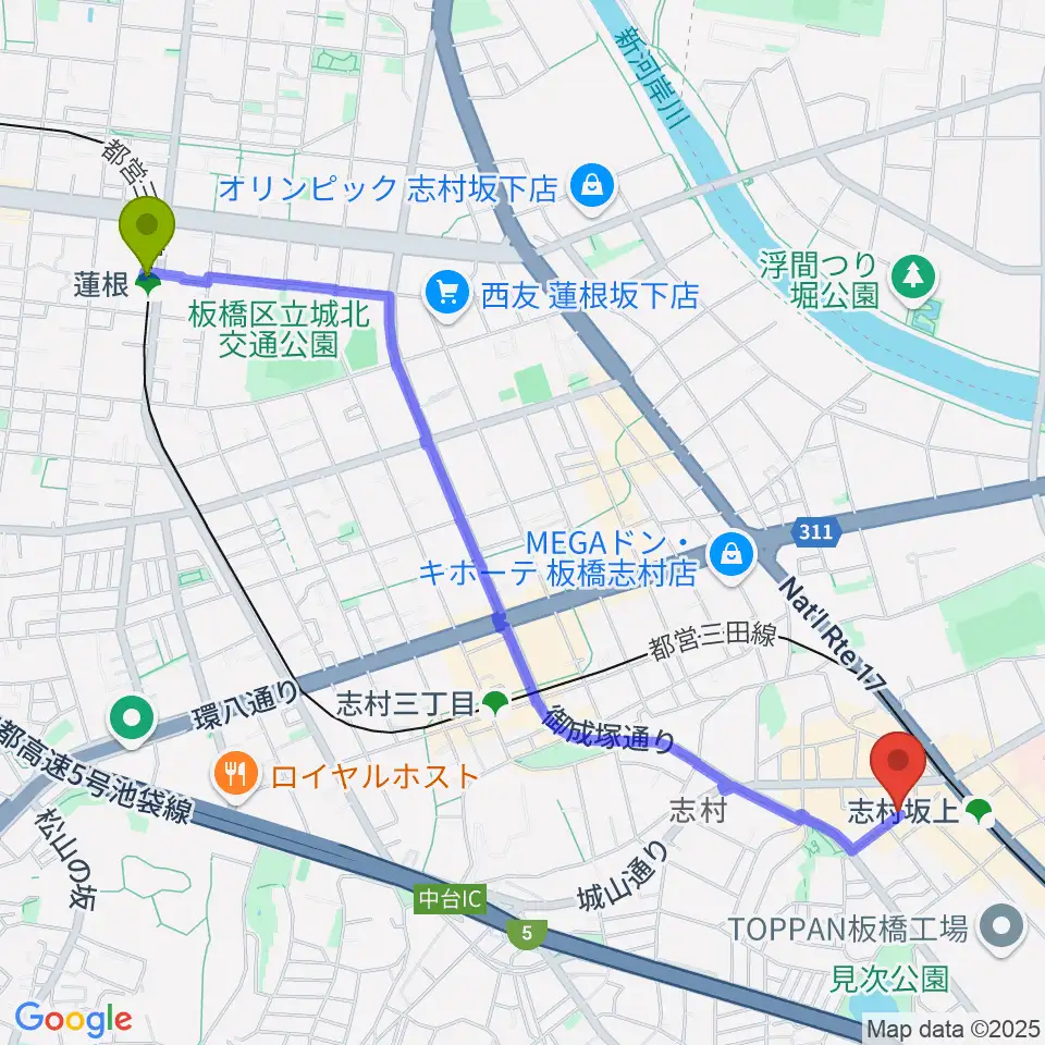 蓮根駅から板橋ミュージックセンターへのルートマップ地図