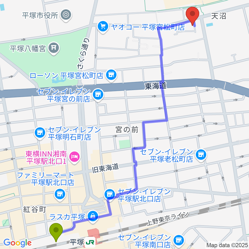 ヨネザワ楽器の最寄駅平塚駅からの徒歩ルート（約16分）地図