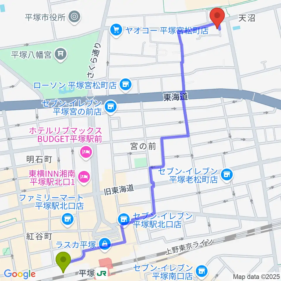 ヨネザワ楽器の最寄駅平塚駅からの徒歩ルート（約16分）地図