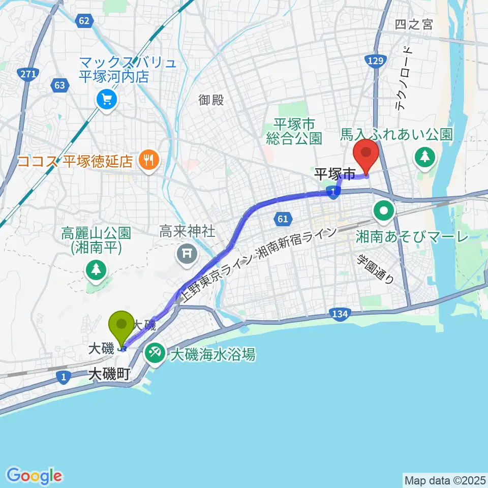 大磯駅からヨネザワ楽器へのルートマップ地図