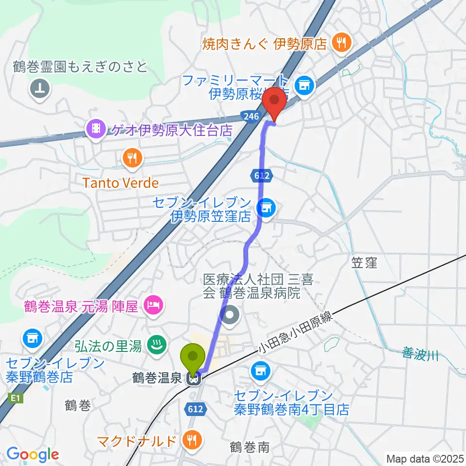 パル音楽産業の最寄駅鶴巻温泉駅からの徒歩ルート（約18分）地図