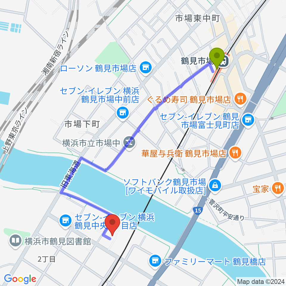 Onaona ピアノ・オルガン教室の最寄駅鶴見市場駅からの徒歩ルート（約11分）地図