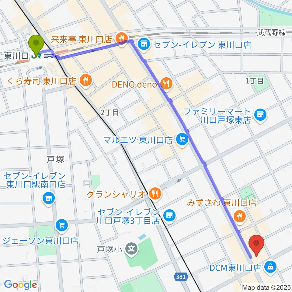 G・クレフの最寄駅東川口駅からの徒歩ルート（約16分）地図