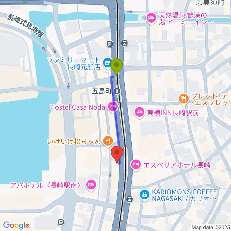 長崎ギター音楽院の最寄駅五島町駅からの徒歩ルート（約3分）地図