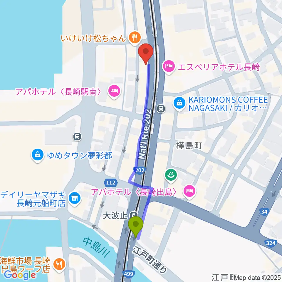 大波止駅から長崎ギター音楽院へのルートマップ地図
