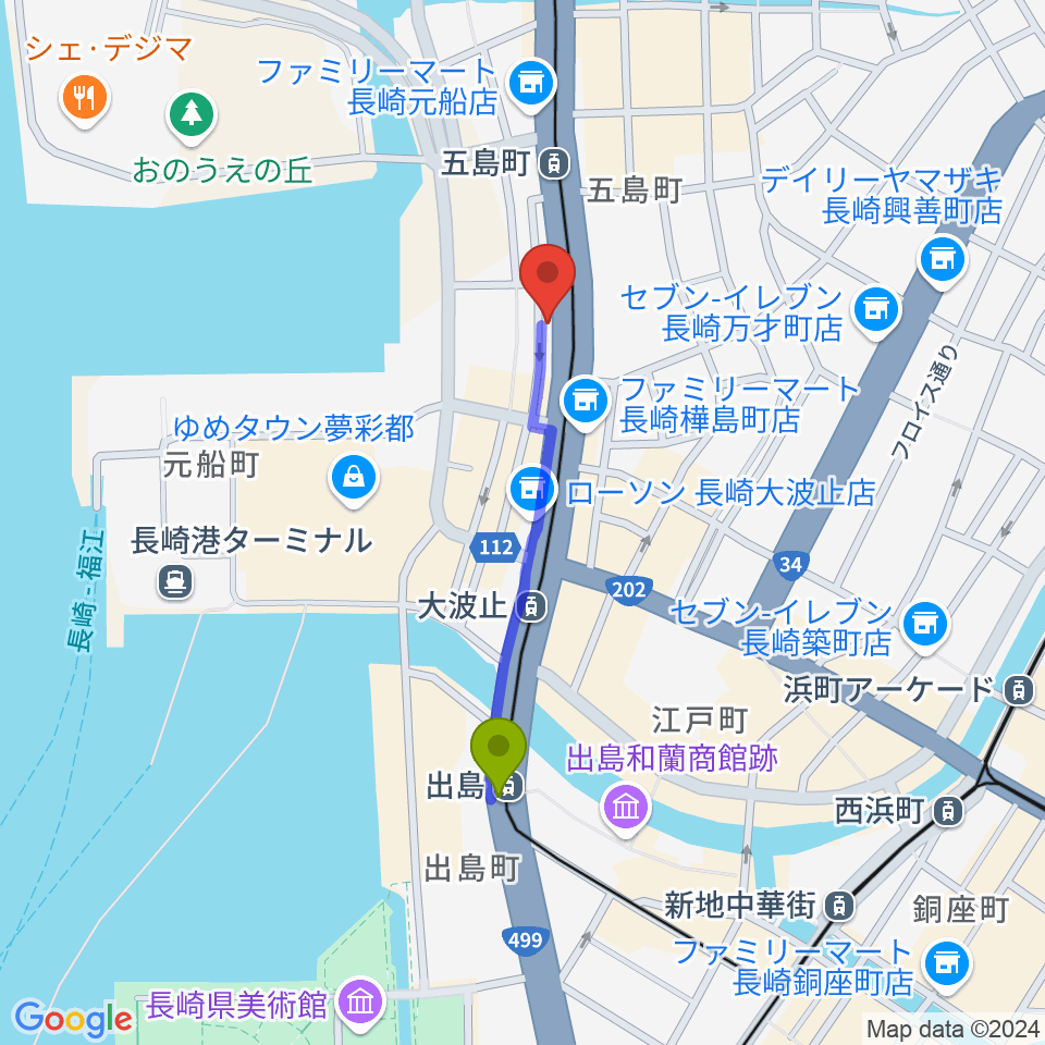 出島駅から長崎ギター音楽院へのルートマップ地図