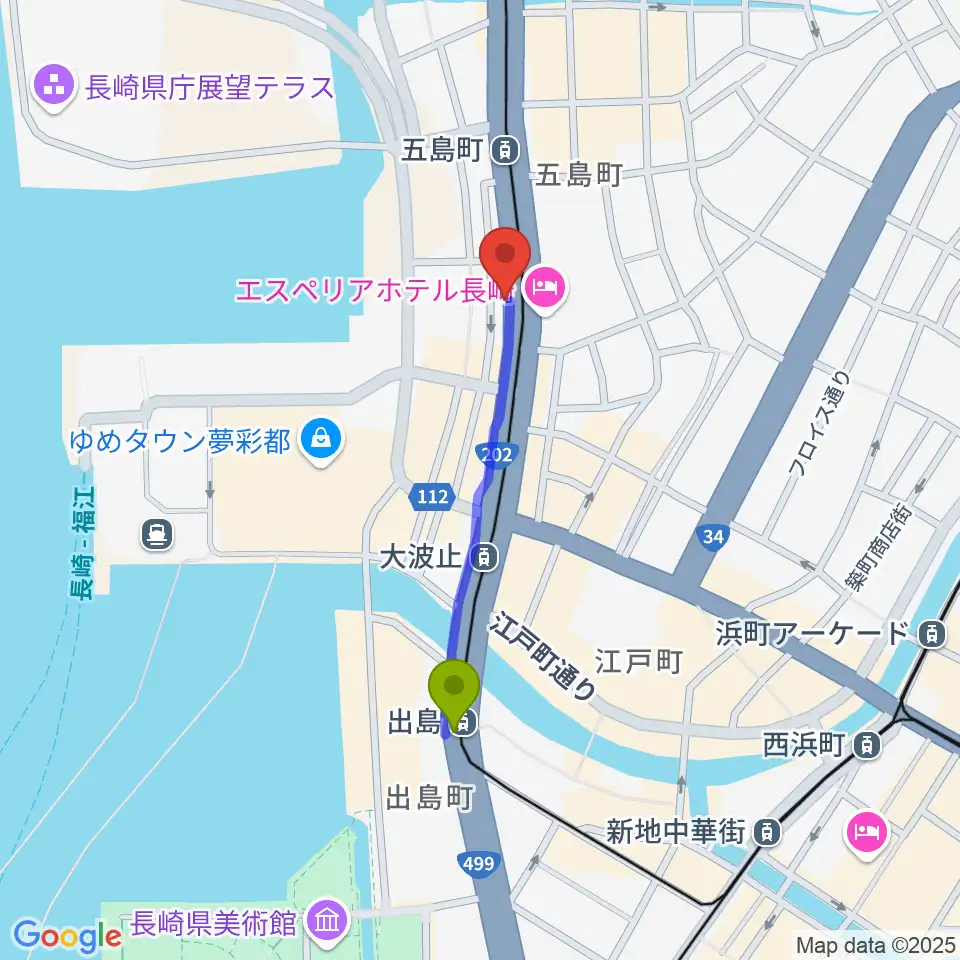 出島駅から長崎ギター音楽院へのルートマップ地図