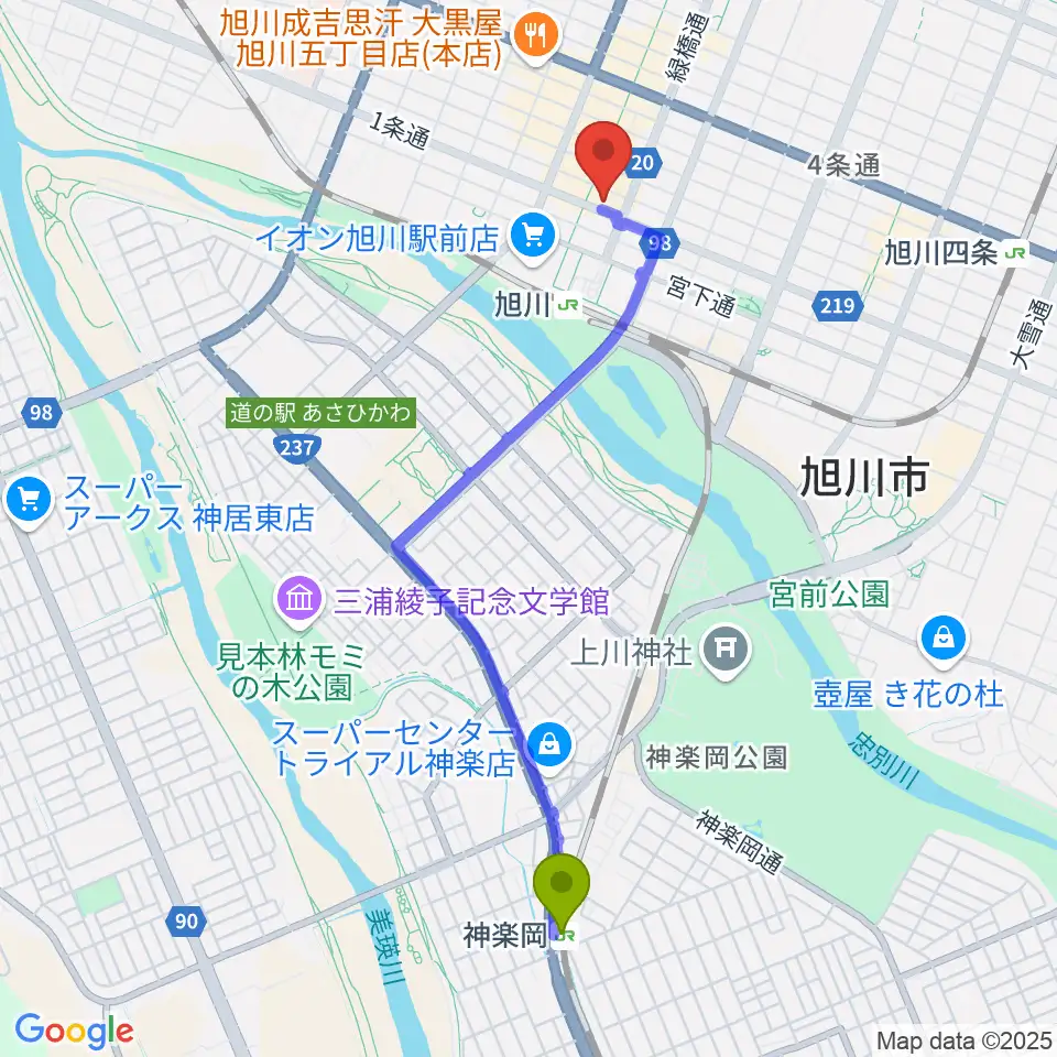 神楽岡駅から島村楽器 フィール旭川店へのルートマップ地図
