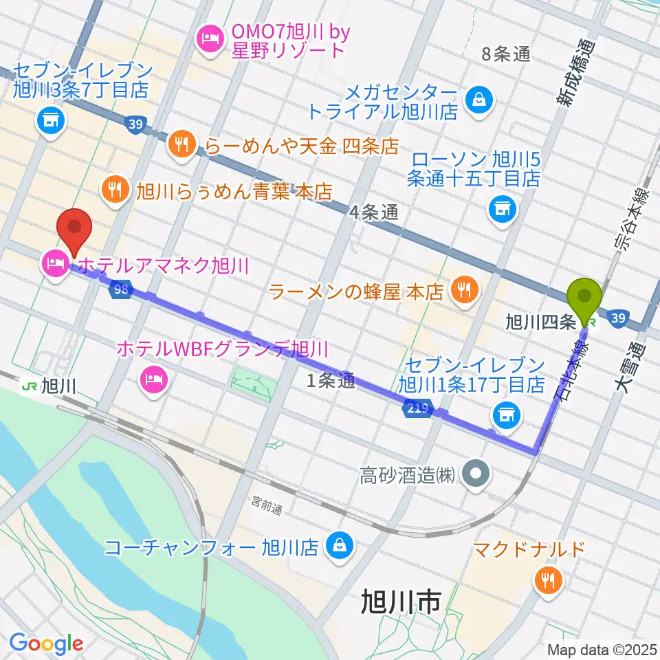 旭川四条駅から島村楽器 フィール旭川店へのルートマップ地図