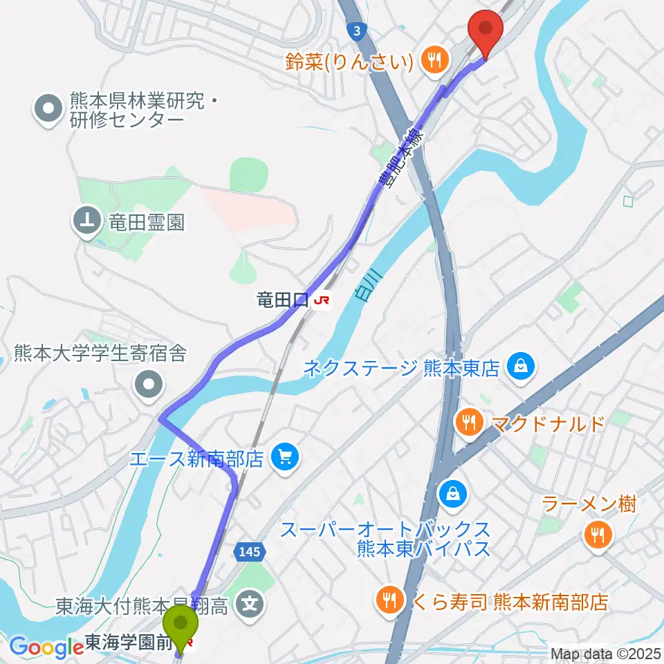 東海学園前駅からミュージックスタジオ マーチへのルートマップ地図