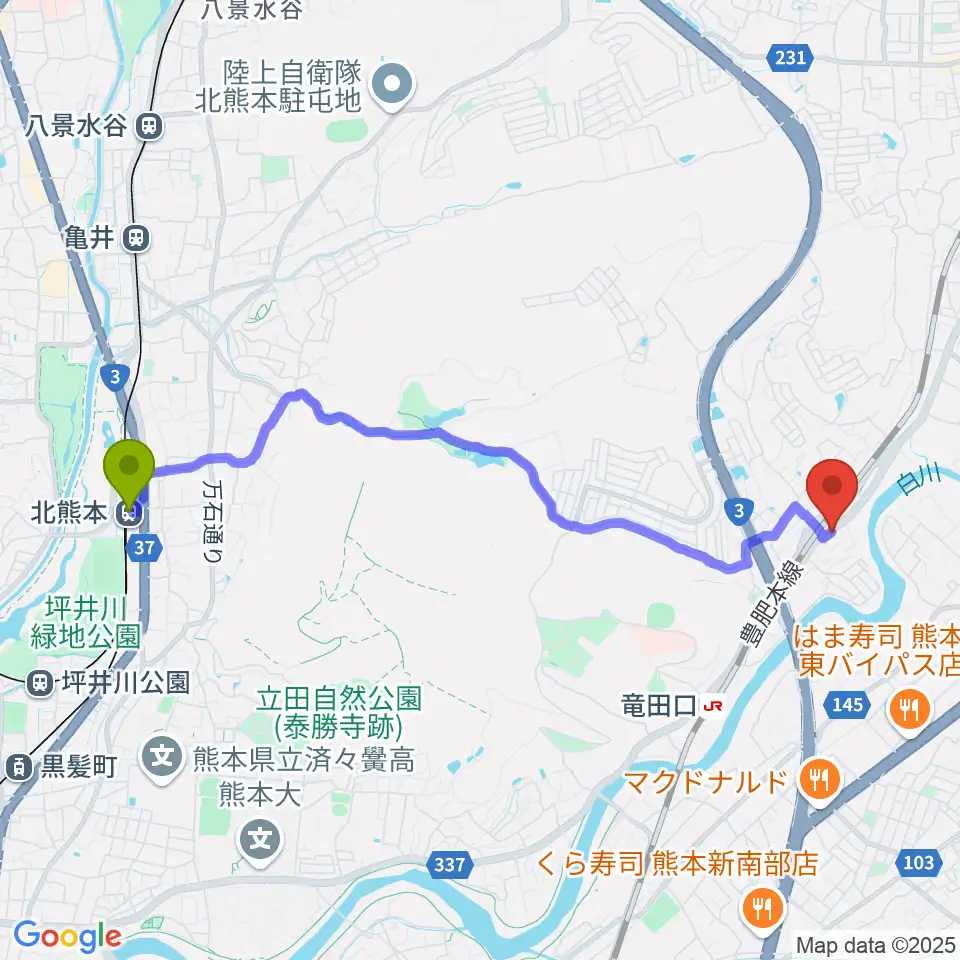 北熊本駅からミュージックスタジオ マーチへのルートマップ地図