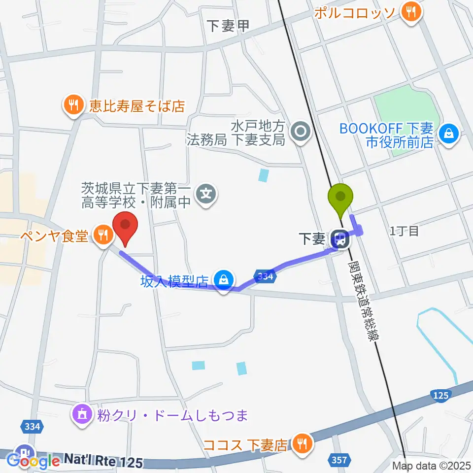 コンドー楽器 下妻店の最寄駅下妻駅からの徒歩ルート（約7分）地図