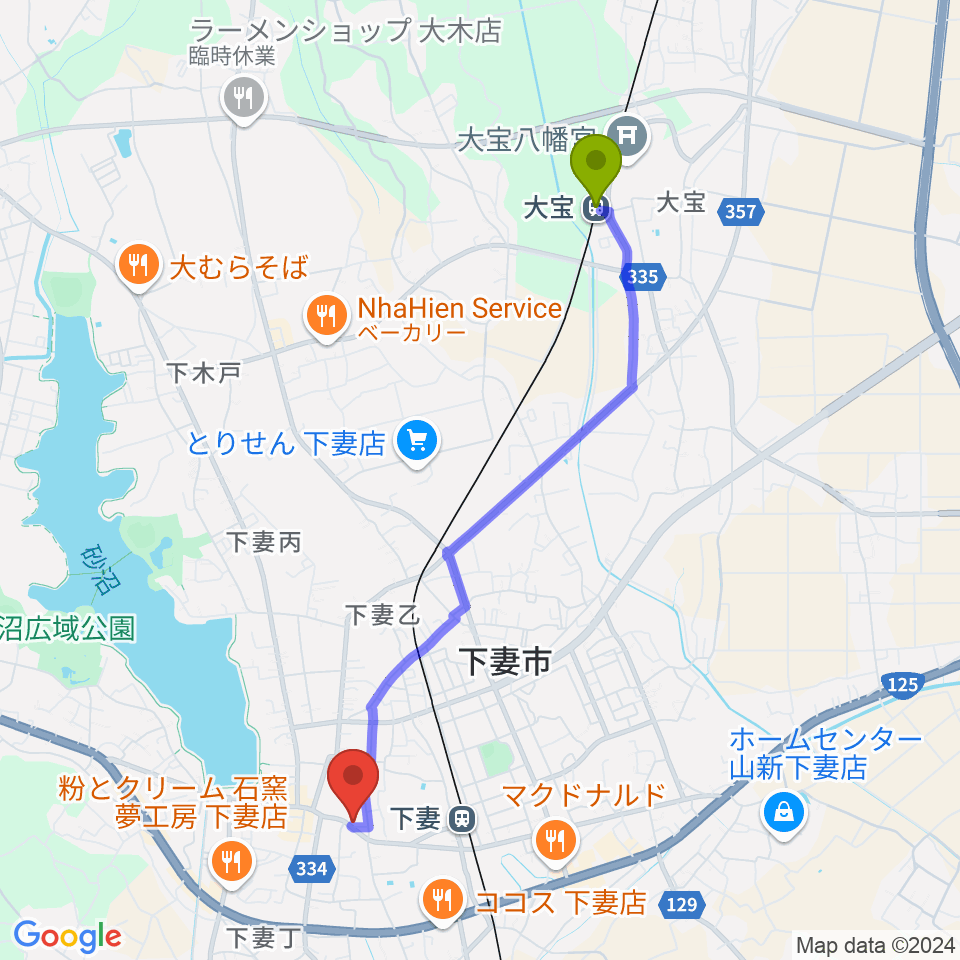 大宝駅からコンドー楽器 下妻店へのルートマップ地図