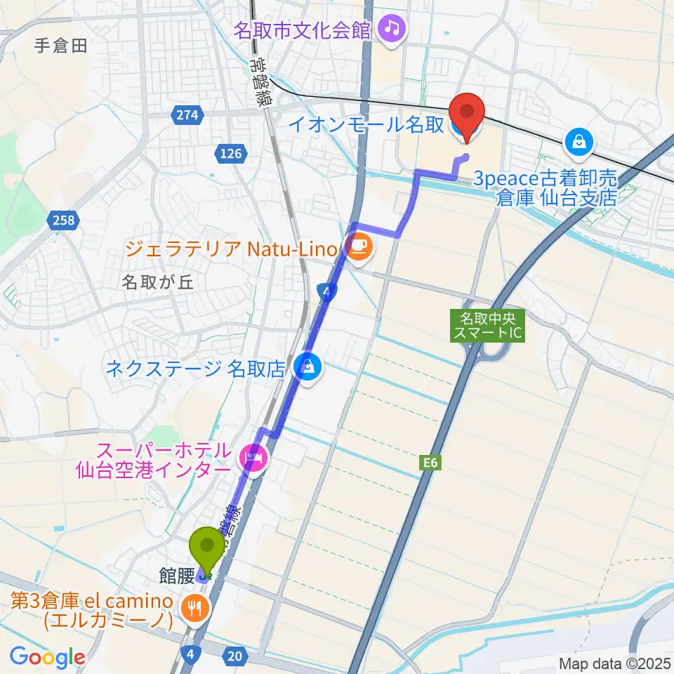 館腰駅から島村楽器 イオンモール名取店へのルートマップ地図