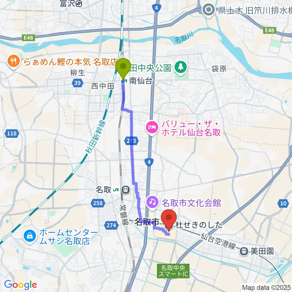 南仙台駅から島村楽器 イオンモール名取店へのルートマップ地図
