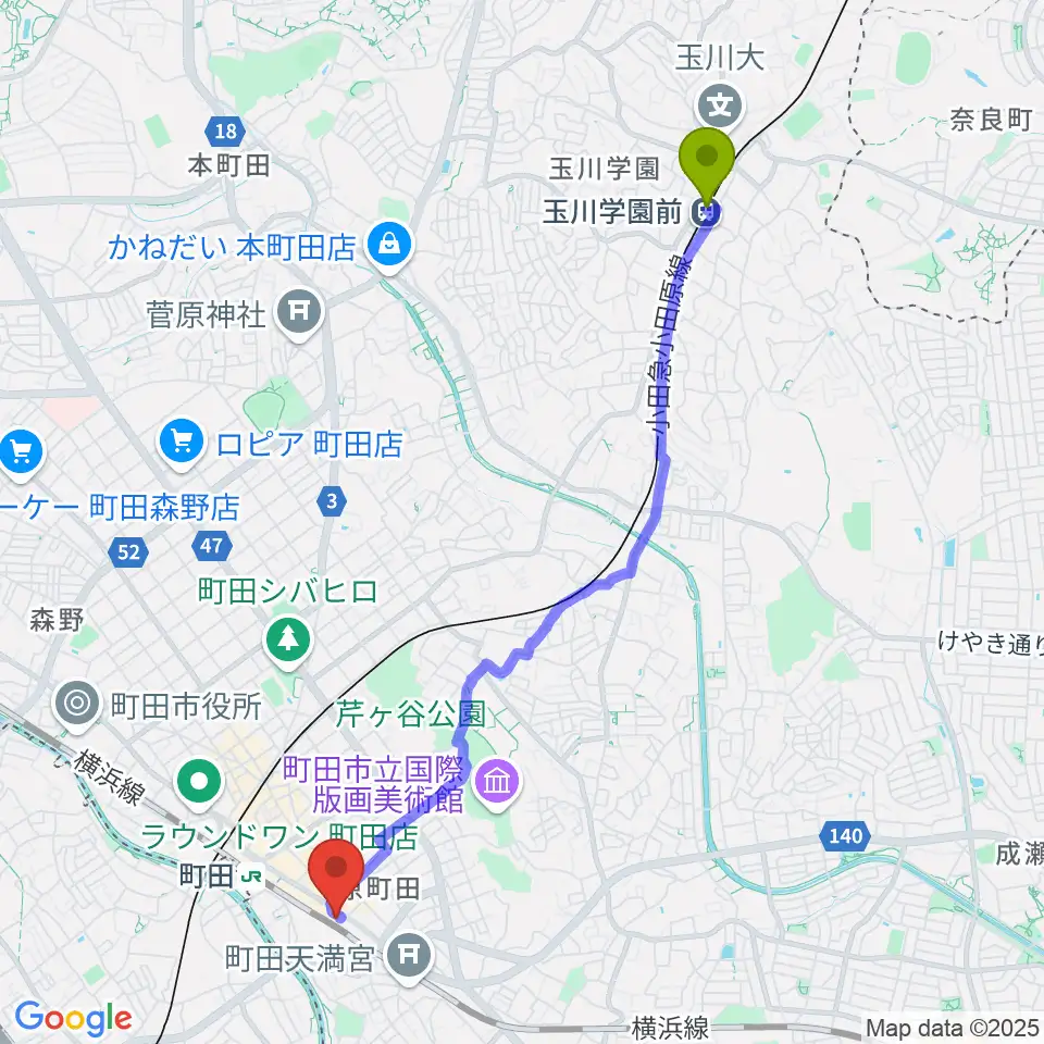 玉川学園前駅から島村楽器 ミーナ町田店へのルートマップ地図
