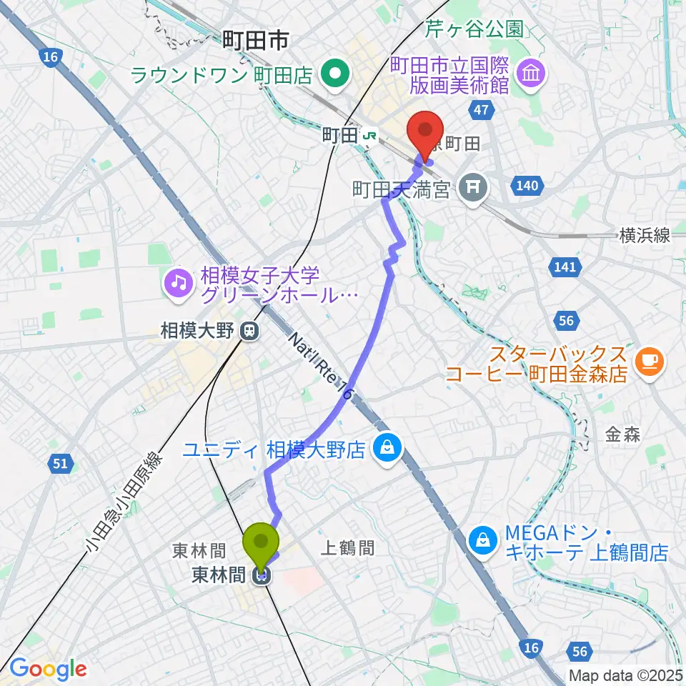 東林間駅から島村楽器 ミーナ町田店へのルートマップ地図