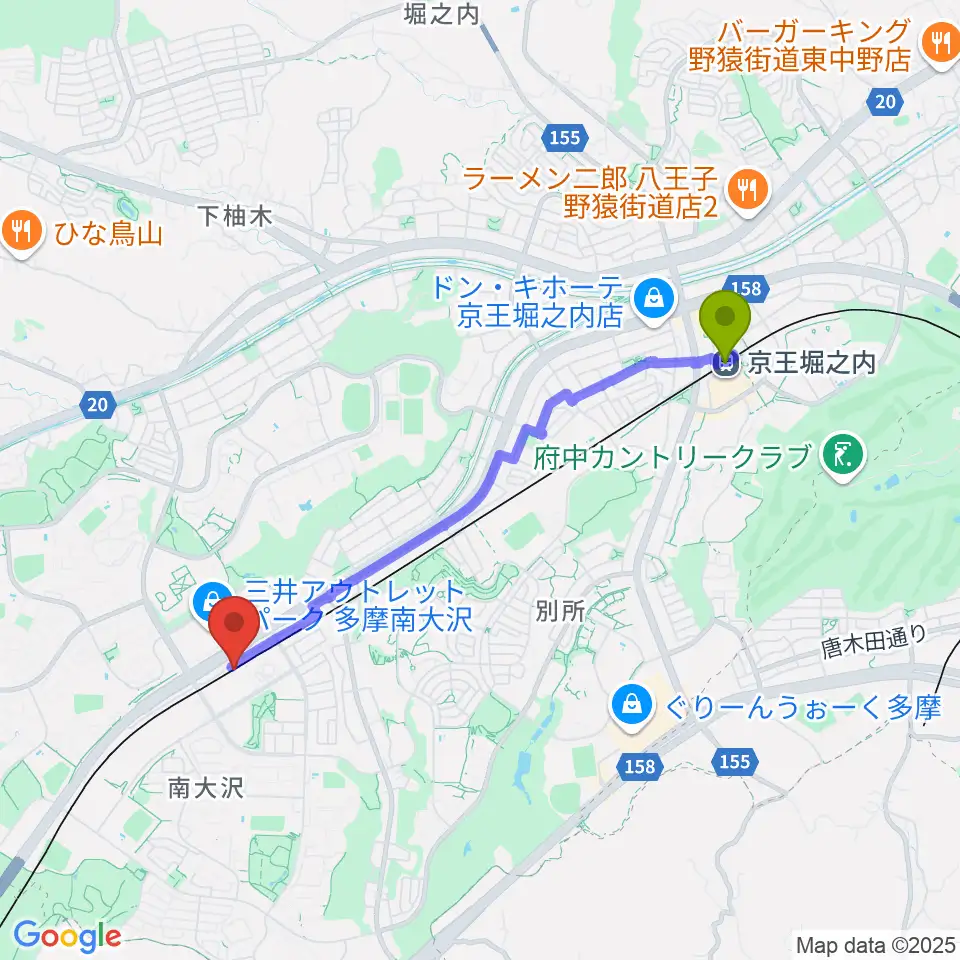 京王堀之内駅から島村楽器 フレンテ南大沢店へのルートマップ地図