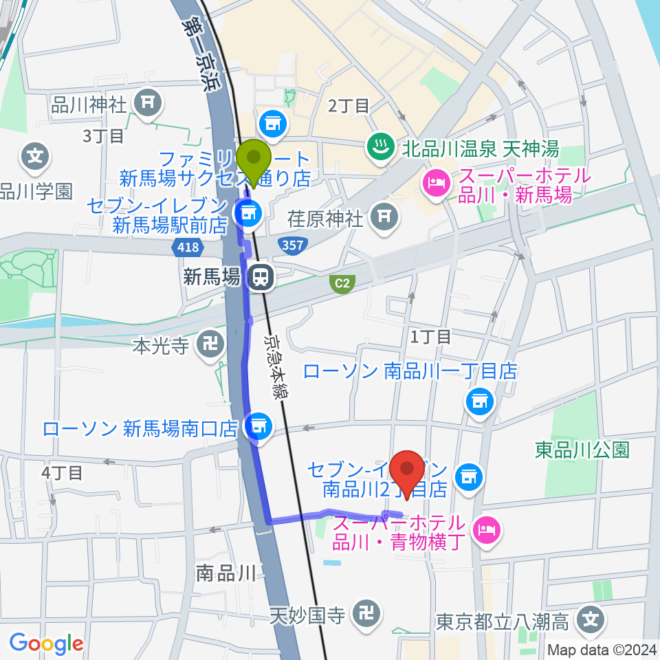 新馬場駅から南品川TMスタジオへのルートマップ地図