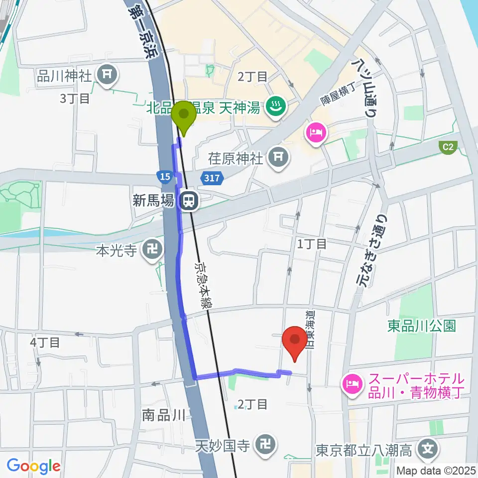新馬場駅から南品川TMスタジオへのルートマップ地図