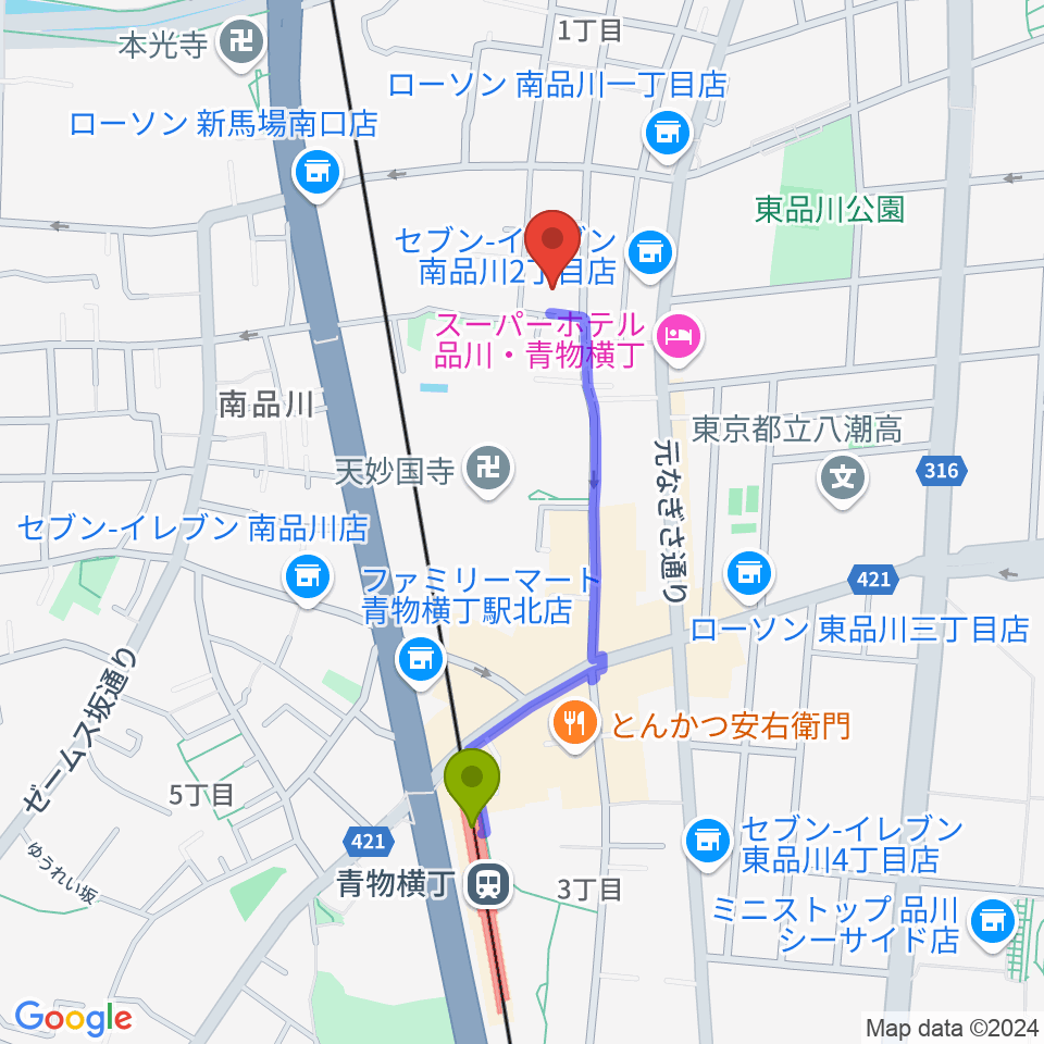 南品川TMスタジオの最寄駅青物横丁駅からの徒歩ルート（約8分）地図