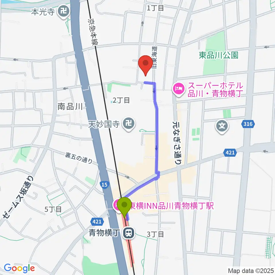 南品川TMスタジオの最寄駅青物横丁駅からの徒歩ルート（約8分）地図