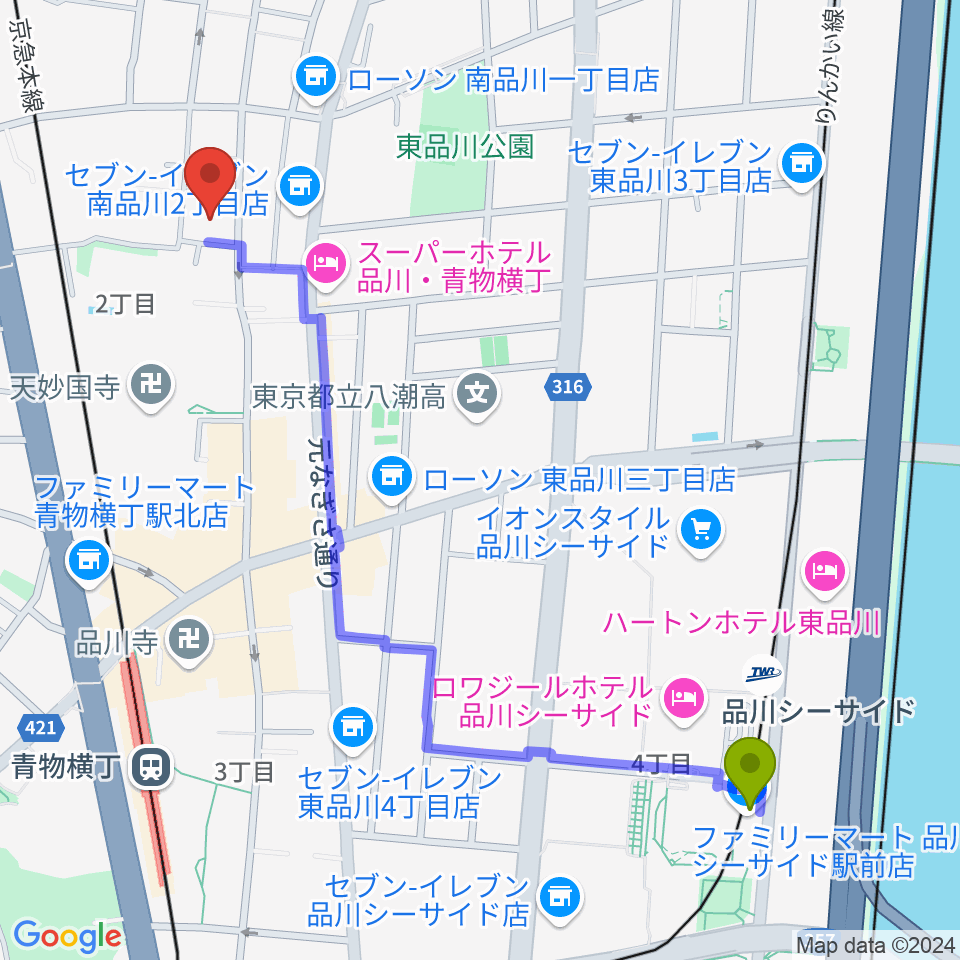 品川シーサイド駅から南品川TMスタジオへのルートマップ地図