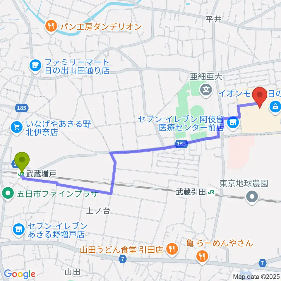 武蔵増戸駅から島村楽器 イオンモール日の出店へのルートマップ地図