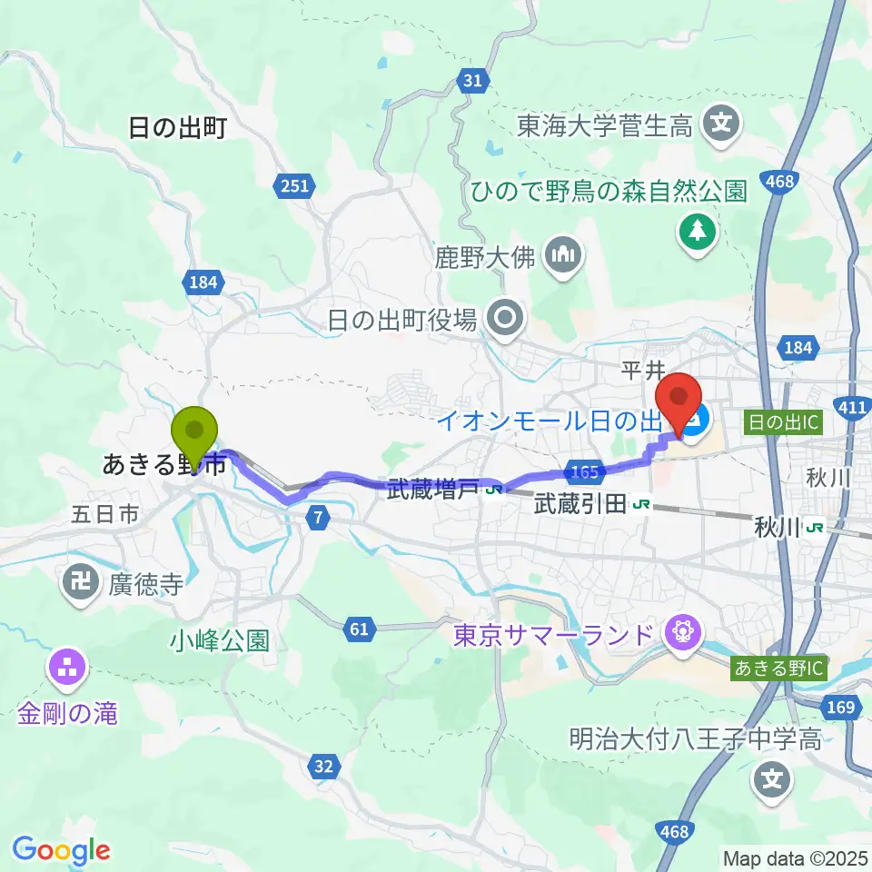 武蔵五日市駅から島村楽器 イオンモール日の出店へのルートマップ地図