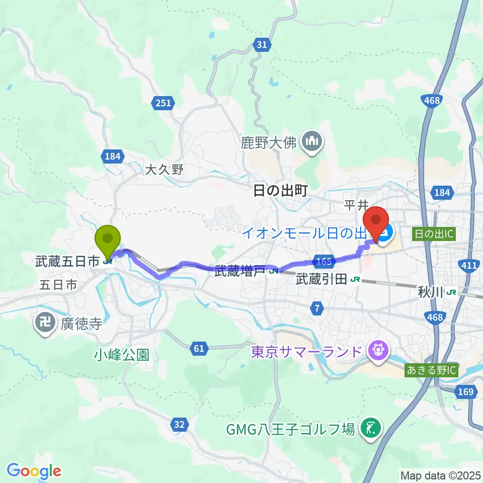 武蔵五日市駅から島村楽器 イオンモール日の出店へのルートマップ地図