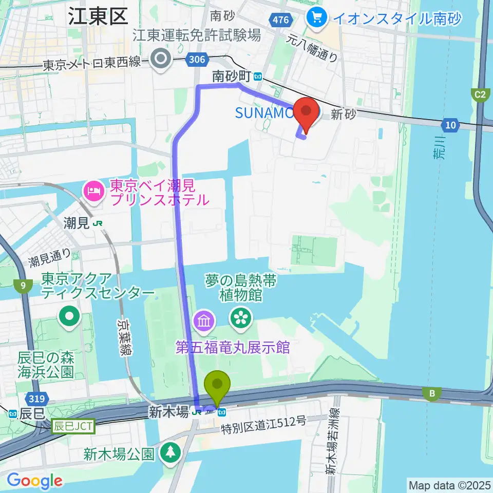 新木場駅から島村楽器 南砂町スナモ店へのルートマップ地図