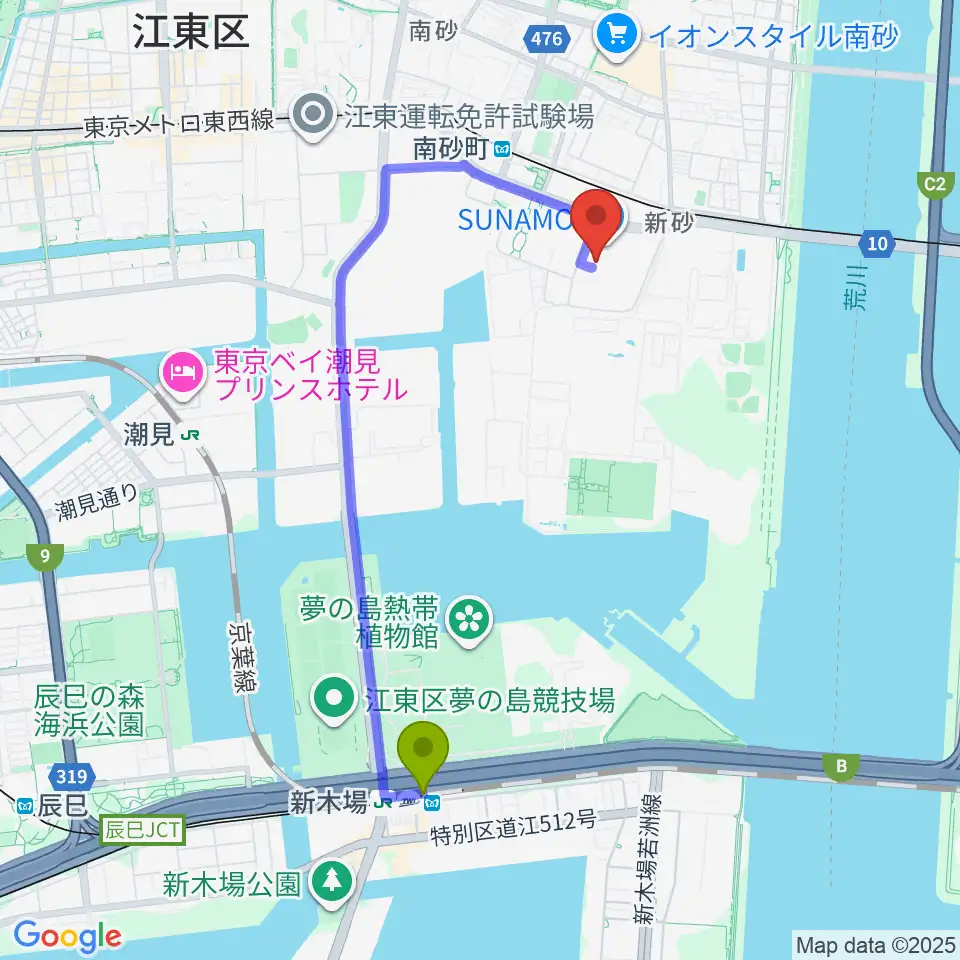 新木場駅から島村楽器 南砂町スナモ店へのルートマップ地図