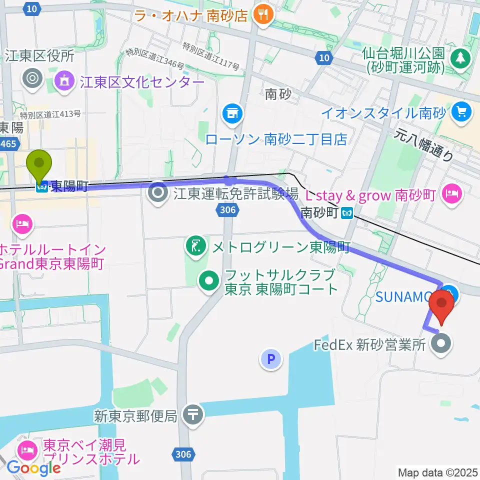 東陽町駅から島村楽器 南砂町スナモ店へのルートマップ地図