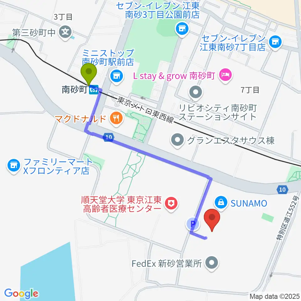 島村楽器 南砂町スナモ店の最寄駅南砂町駅からの徒歩ルート（約10分）地図