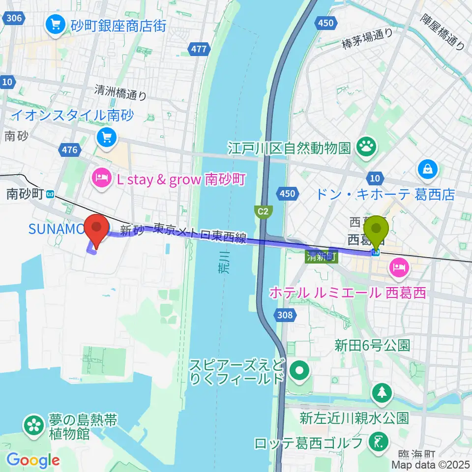 西葛西駅から島村楽器 南砂町スナモ店へのルートマップ地図