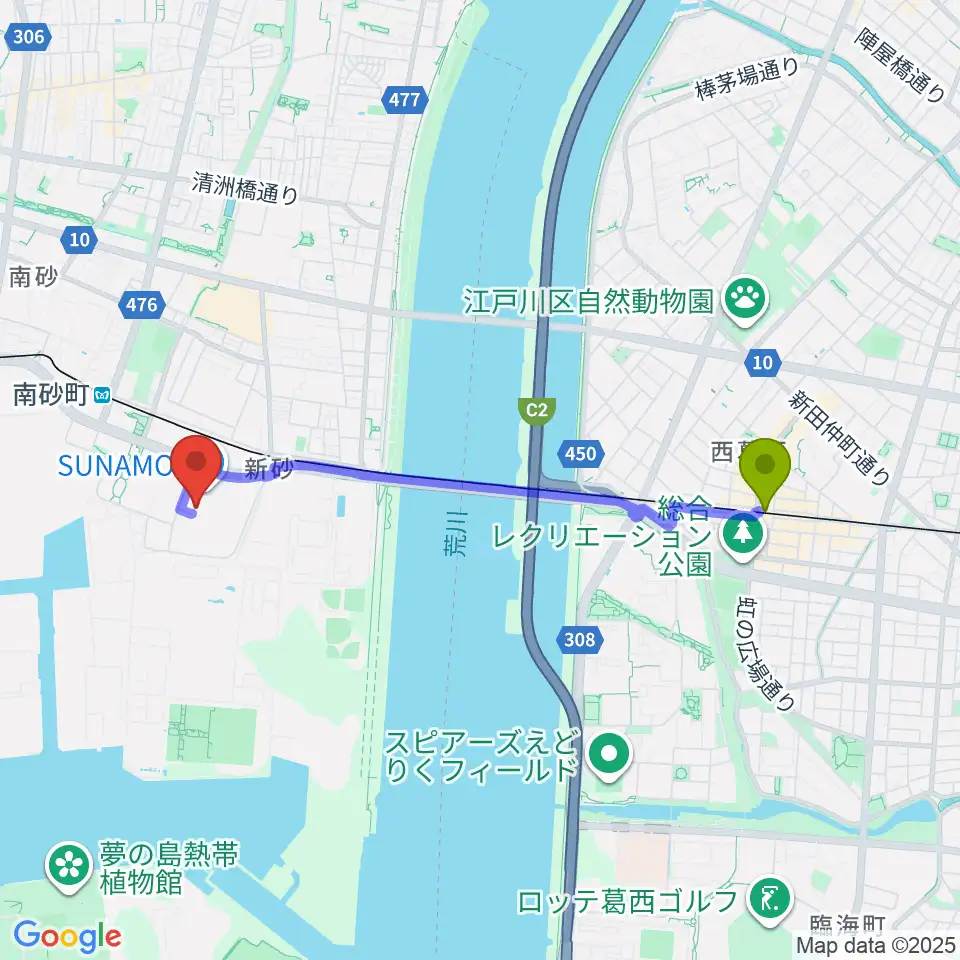 西葛西駅から島村楽器 南砂町スナモ店へのルートマップ地図