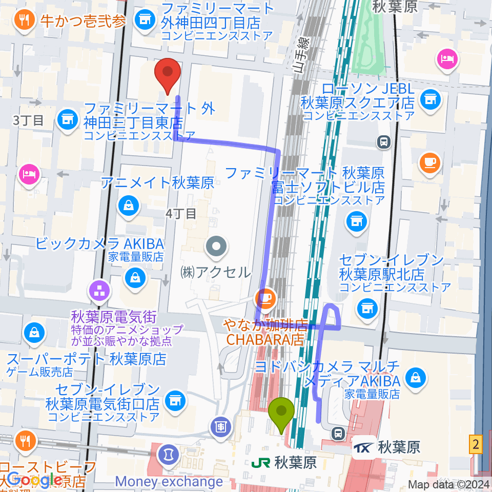 秋葉原駅からシマムラストリングス秋葉原へのルートマップ地図