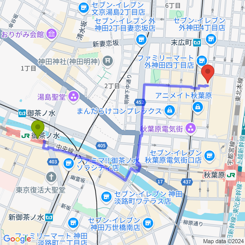 御茶ノ水駅からシマムラストリングス秋葉原へのルートマップ地図