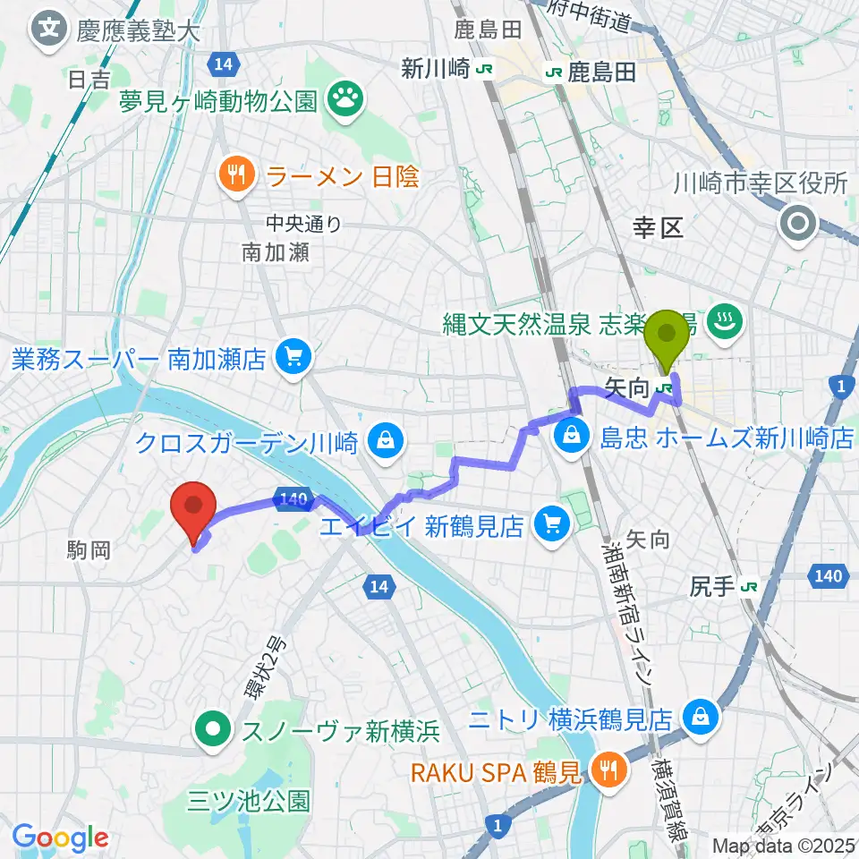 矢向駅からアオバ楽器 フレンド教室へのルートマップ地図