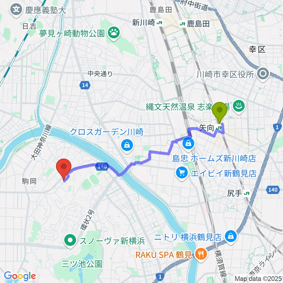 矢向駅からアオバ楽器 フレンド教室へのルートマップ地図