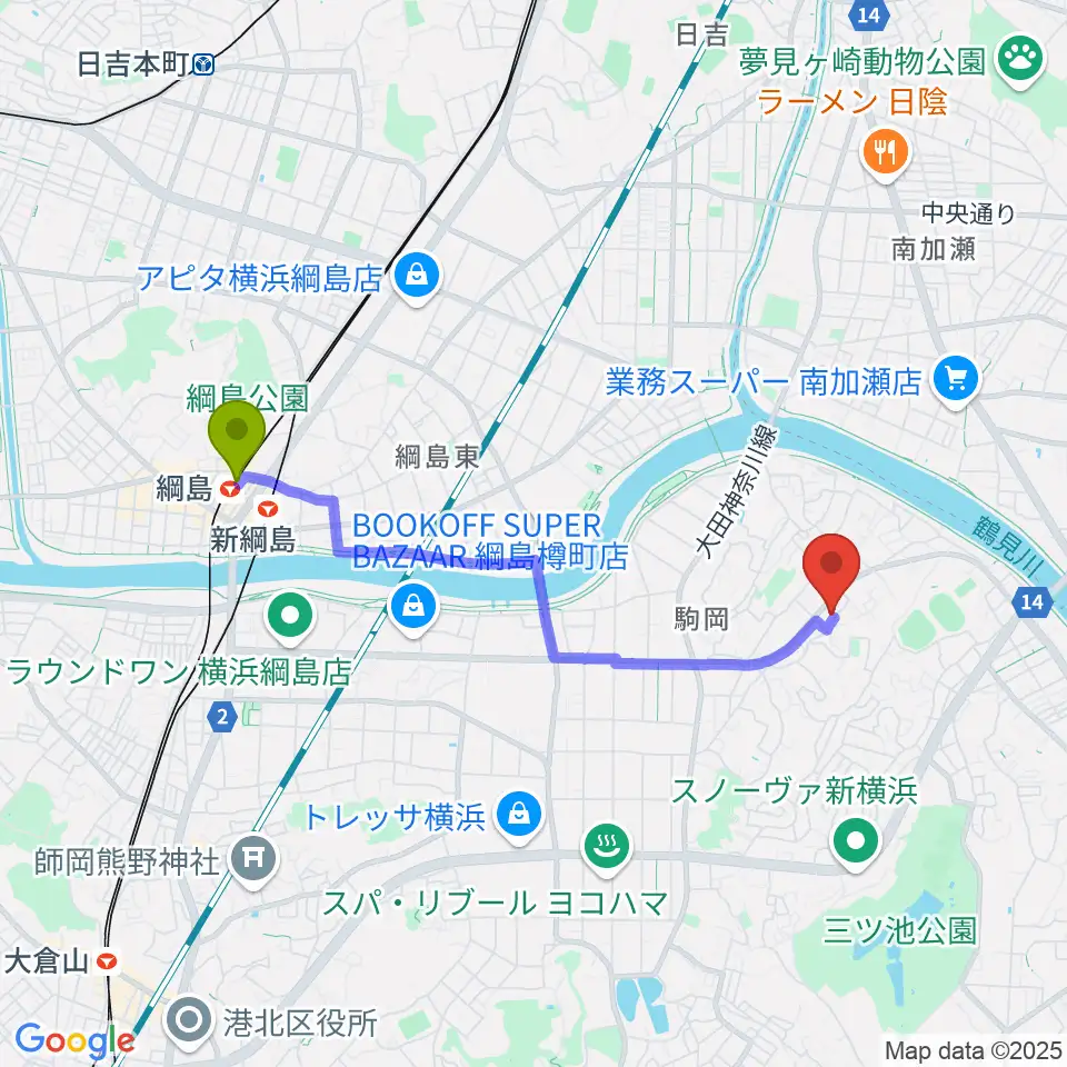 アオバ楽器 フレンド教室の最寄駅綱島駅からの徒歩ルート（約36分）地図