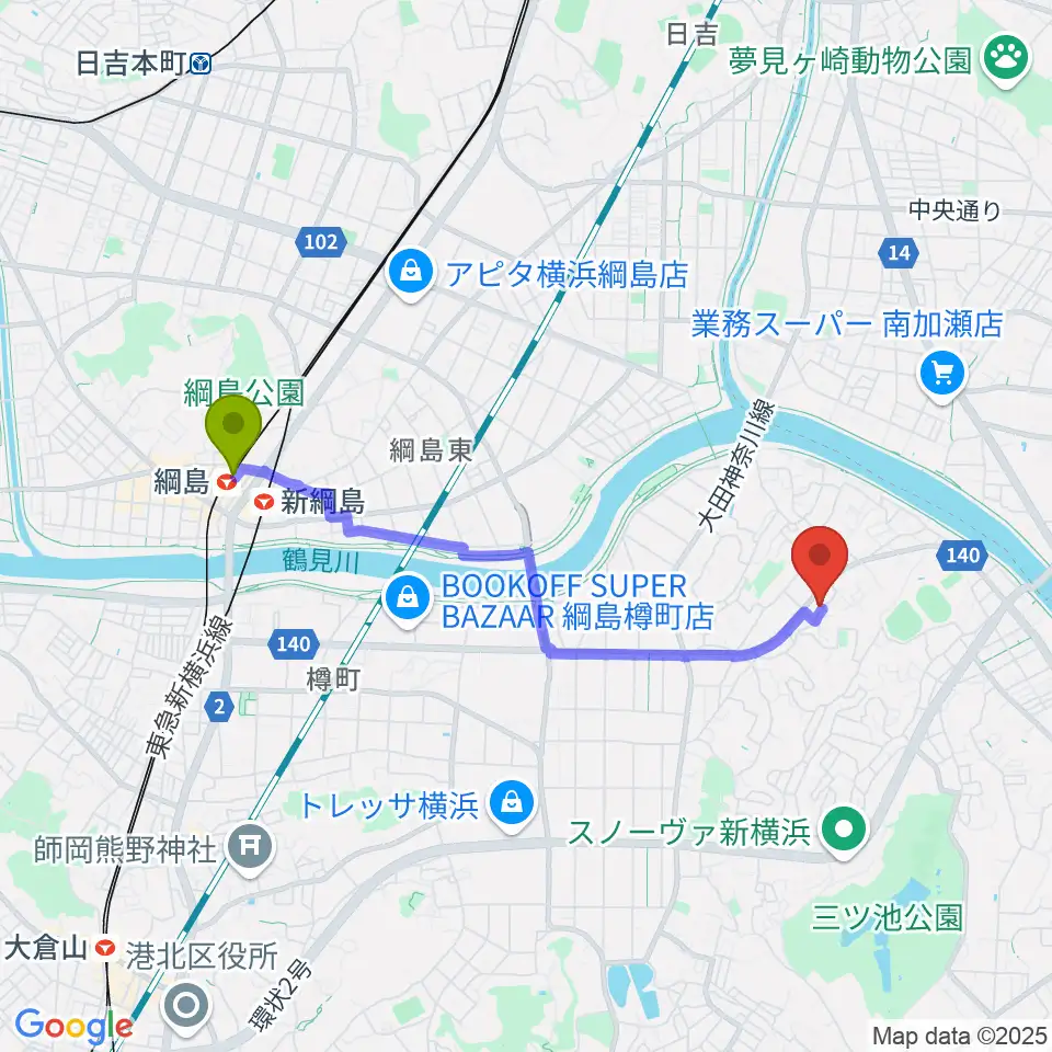 アオバ楽器 フレンド教室の最寄駅綱島駅からの徒歩ルート（約36分）地図