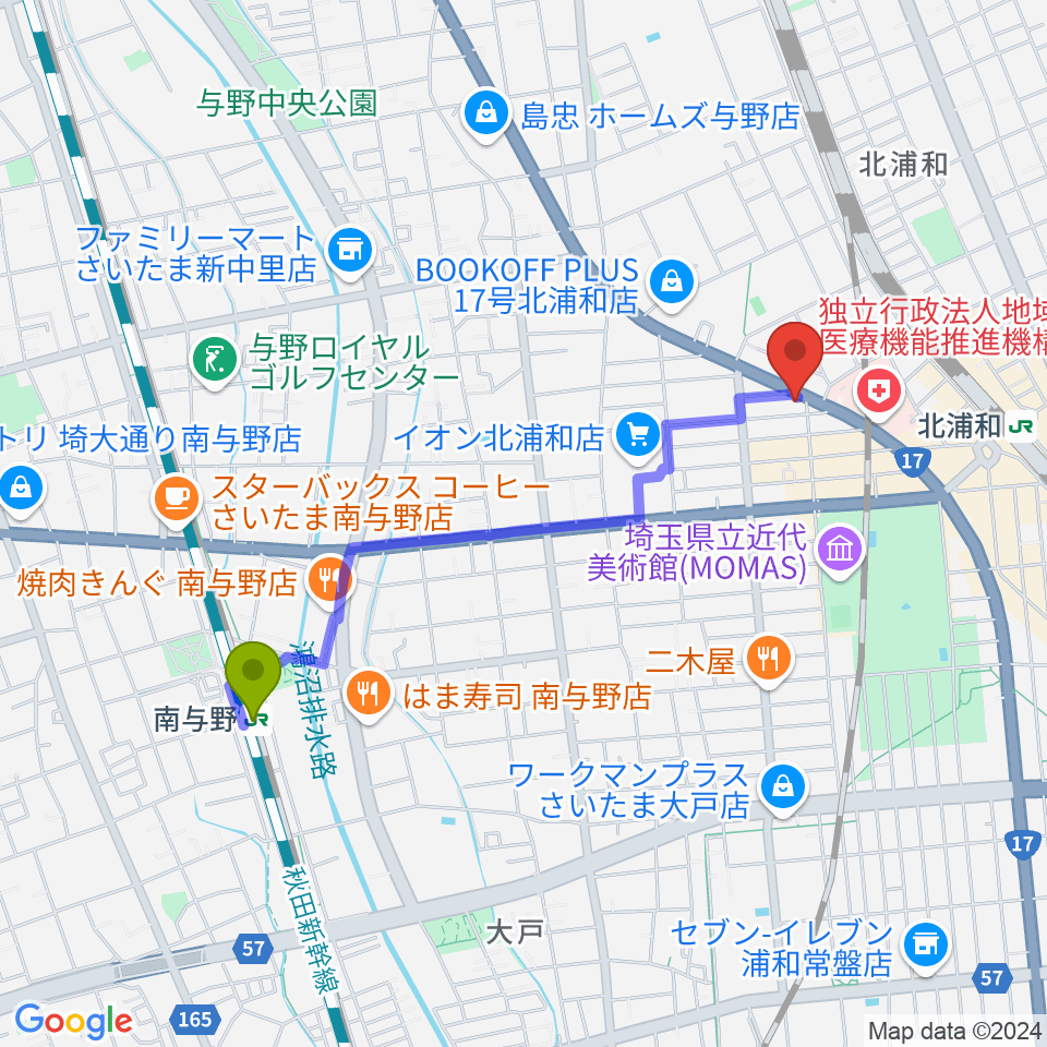 南与野駅からRoyal Music Gardenへのルートマップ地図