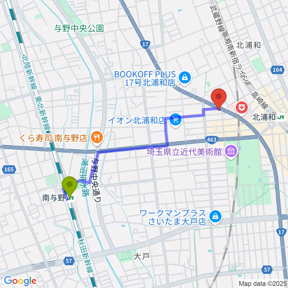 南与野駅からRoyal Music Gardenへのルートマップ地図