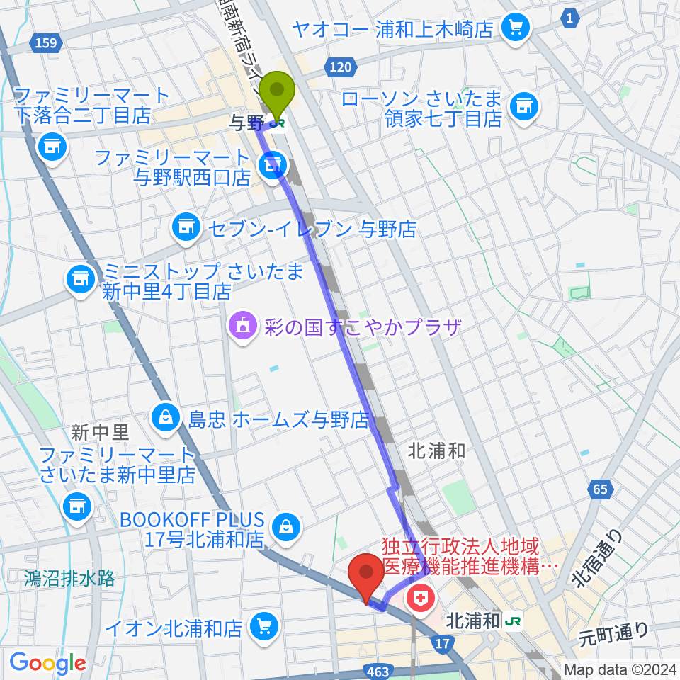 与野駅からRoyal Music Gardenへのルートマップ地図