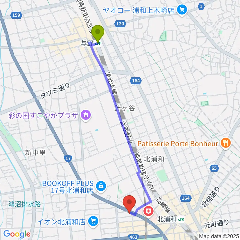 与野駅からRoyal Music Gardenへのルートマップ地図