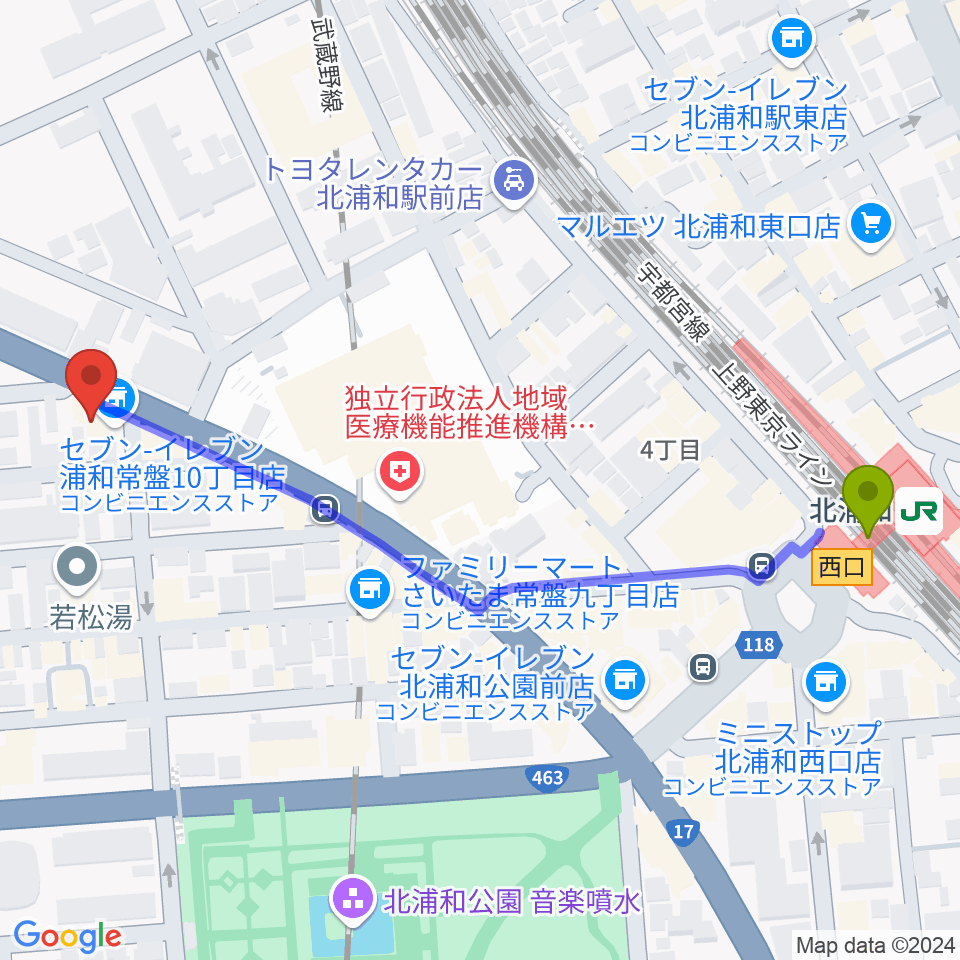 Royal Music Gardenの最寄駅北浦和駅からの徒歩ルート（約6分）地図